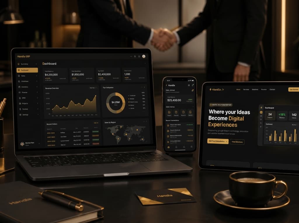 Handla — professional workspace with ERP dashboard, mobile app and website on devices; business handshake in background